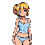 This pixel art portrait features a cute, anime-inspired girl with bright yellow hair, rendered in a soft, cool color palette. Her neutral expression and simple design create a serene and nostalgic vibe.