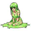 A lone, melancholic figure kneels, partially submerged in a vibrant green substance that clings to her tattered clothes and skin. Her large, upward-gazing eyes hint at sadness or resignation, creating an enigmatic and unsettling image.