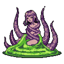 A mysterious, light-tan skinned woman with flowing purple hair rises from a pool of glowing green liquid, adorned with matching earrings. Dark purple tentacles twist around her torso, creating an alluring and slightly unsettling figure. The vibrant colors and striking silhouette evoke a sense of otherworldly power.