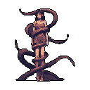 A lone woman is captured in pixel art, ensnared by dark, serpentine entities against a stark black background, her upward gaze hinting at contemplation or quiet distress.