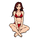 A pixel art image depicts a seated woman in a red bikini, gazing directly at the viewer with a thoughtful expression. Her relaxed pose and the stark black background create an intimate and focused portrait.