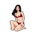 This pixel art image features a kneeling anime-style woman in a dark red bikini, her serene expression and detailed hair drawing the viewer's eye. The minimalist design focuses solely on her figure, radiating a quiet and alluring vibe.