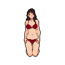 A pixel art image features a kneeling woman in a red swimsuit, her dark hair flowing around her, her expression a subtle mix of vulnerability and allure. The minimalist style and dark background put all the focus on her figure.