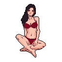 This pixel art piece captures a seated woman in a burgundy bikini, her gentle expression and relaxed pose radiating a serene yet alluring vibe. The limited color palette and classic pixel style create an intimate and nostalgic portrait.