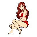 This pixel art portrait features a captivating woman with striking red eyes and hair, seated against a stark background. Her confident gaze and bold red bikini create an alluring and enigmatic impression.