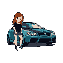 A stylish pixel art image features a casually dressed young woman standing beside a sleek, teal sports car. The composition emphasizes the modern subjects against a stark black background, creating a cool and contemporary vibe with a touch of retro charm.