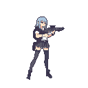 A pixel art anime-style character stands ready for action, gripping a modern assault rifle with determined focus. Her cool, desaturated color palette and alert posture create a "cute but dangerous" vibe.