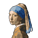 This pixel art reimagining captures the iconic "Girl with a Pearl Earring," presenting her captivating gaze and distinctive headscarf in a charmingly retro, low-resolution style. The portrait retains the elegance and mystery of Vermeer's masterpiece.