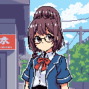 This pixel art depicts a melancholic student with a messy bun and glasses, wearing a school uniform. Her downcast gaze and subtle details create a wistful, slice-of-life anime aesthetic.