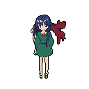 This pixel art image features a serene anime-style woman with flowing dark blue hair and striking red eyes. She stands barefoot in a simple green dress, her direct gaze creating a calm and introspective atmosphere.