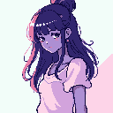 This pixel art portrait features a young woman with a high bun and a gentle expression, rendered in a soft pastel palette of pinks and purples. Subtle details in her shading and accessories add depth to the melancholic mood.