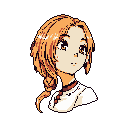 This pixel art portrait features a contemplative woman with long, braided hair and a gentle expression. Rendered in a limited, warm color palette against a stark black backdrop, the image evokes a nostalgic and peaceful mood.