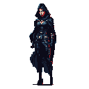 A cloaked and armored rogue-like figure, rendered in striking pixel art, stands poised with a mysterious air. Her dark attire and red accents create a captivating and slightly ominous presence.