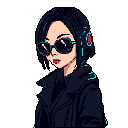 This pixel art portrait captures a stylish young woman in profile, her dark aesthetic punctuated by vibrant red lips and teal accents on her sunglasses and headphones. The cool, enigmatic vibe is amplified by the retro pixelated style.