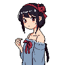 This pixel art portrait features a fair-skinned girl with dark, bobbed hair accented by a red ribbon, wearing a light blue off-the-shoulder top with a matching bow. Her wide, expressive eyes and subtle blush create a captivating, slightly hesitant expression.