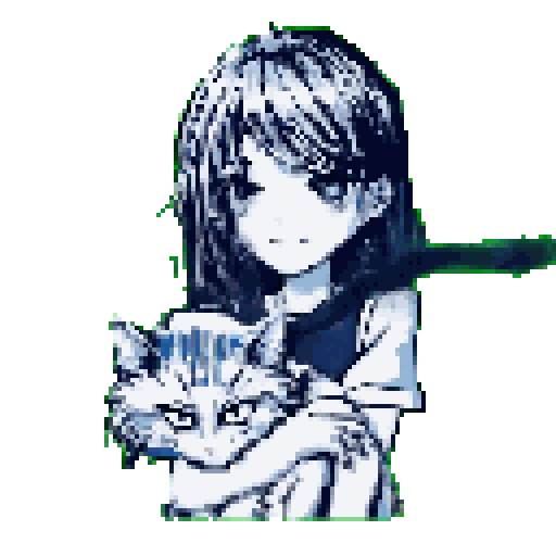 A pixel art portrait captures a young girl with a slightly melancholic expression cradling a fluffy, striped cat in her arms. The monochrome palette and bright green background create a gentle, yet striking, image.