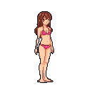 This pixel art image features a young woman in a pink bikini, rendered in earth tones with a relaxed pose and subtle smile. The simple style and muted palette create a casual, somewhat suggestive vibe.
