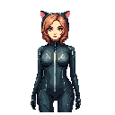 This pixel art showcases a confident woman in a sleek black catsuit with playful cat ears. Her light hair and striking blue eyes provide a subtle contrast to the muted color palette, creating a sensual yet playful vibe.