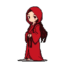 A pixel art woman in a red robe gazes serenely at the viewer, her dark hair flowing as she clasps a dark cord in her hands. Her expression is calm and inviting, hinting at a character of composure.