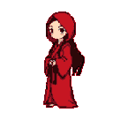 A cloaked figure in a flowing red robe is depicted in pixel art, her hands clasped in a gesture of quiet contemplation. The young woman's melancholic gaze and dark hair add to the somber yet serene mood of the piece.