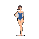 This pixel art image features a confident woman in a dark blue swimsuit, striking a casual pose. The simple design and muted colors create a direct and neutral portrait.