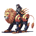 A determined woman in futuristic armor rides a striking robotic lion, a fusion of myth and machine. This pixel art image captures a scene of fantasy and technological prowess.