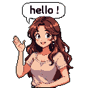 A cheerful pixel art portrait shows a smiling young woman with brown hair warmly waving and saying "hello!". The artwork uses warm tones and subtle shading to create a friendly and inviting presence.