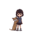 A pixel art image shows a young girl with a serious expression tightly hugging her medium-brown dog. The stark black background emphasizes the muted color palette and the heartfelt, yet somewhat tense, embrace.