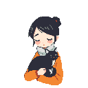 A pixel art image captures a serene moment as a young woman with dark hair and an orange shirt gently cradles her sleek black cat, both figures radiating a sense of peace and affection. The limited color palette and black background draw all attention to their quiet connection.