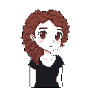 This pixel art portrait features a woman with reddish-brown curls and a contemplative expression. She wears a simple black t-shirt.