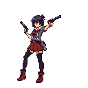 A young, gun-wielding woman strikes a dynamic pose in this pixel art image, her red eyes conveying alertness as she holds pistols against a stark black background. The detailed pixelated rendering of her outfit and weapons adds to the energetic and potentially dangerous vibe.