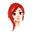 This pixel art portrait captures a serene young woman with vibrant red-orange hair against a stark black background. Her calm expression and warm color palette create a peaceful and inviting image.
