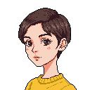 This pixel art portrait captures a young woman in a yellow sweater, gazing thoughtfully with large, expressive eyes. The simple, warm color palette and nostalgic style evoke a calm and approachable mood.