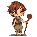 This pixel art image features a cute, chibi-style boy with a warm smile, holding a wooden staff and carrying a satchel, hinting at a peaceful adventure. His earthy-toned tunic and pants create a natural and inviting feel.