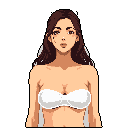 A pixel art portrait captures a young woman with dark hair and a neutral expression, gazing directly forward. She wears a simple white top against a stark black backdrop, creating an intimate and focused image.