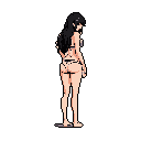 This pixel art depicts a contemplative woman in a swimsuit, her downcast gaze and the minimalist style creating a quiet, introspective mood. The retro aesthetic and limited color palette evoke a nostalgic feel, focusing solely on the lone figure.