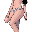 This pixel art piece captures a stylized, intimate view of a woman in a dynamic pose, showcasing her form with detailed pixel work and a focus on light and shadow. Clad in patterned briefs, the figure stands out against a stark black background, emphasizing the artistic study of the human form.