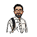 This pixel art portrait depicts a friendly, bearded man with glasses, rendered in a retro style. He's wearing a collared shirt and a strap, possibly from a bag, against a stark black background. The image has a professional yet approachable vibe, perfect for a stylized avatar.