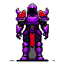 A powerful, purple-armored knight stands boldly against a black backdrop, exuding mystery and strength through its detailed pixel art design. The knight's rigid pose and imposing helmet create a formidable presence.