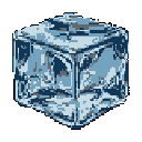 A shimmering, icy pixel art cube dominates the frame, its isometric perspective revealing intricate internal textures and cool, muted tones. The crystalline object evokes a sense of solid form and icy coolness.