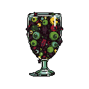 This pixel art depicts a wine glass filled with a disturbing concoction of eyeballs and dark organic matter, a macabre and unsettling image. The stylized rendering creates a strangely captivating, yet grotesque, effect.