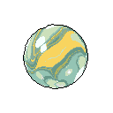 A tranquil, pixelated sphere swirls with soft teal, yellow, and off-white hues, evoking a sense of cosmic calm and natural beauty. The marbled orb dominates the frame, showcasing a stylized, low-resolution aesthetic.