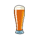 A pixelated pilsner glass filled with amber-orange beer and a frothy white head takes center stage. The simple, stark composition highlights the refreshing beverage, evoking a sense of thirst-quenching satisfaction.