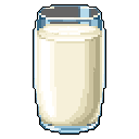 This pixel art image features a tall glass of creamy milk, rendered in soft, muted tones that evoke a sense of simple nourishment. The focus is entirely on the beverage, highlighting its smooth texture and the glass's subtle reflections.