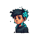 A melancholic pixel art portrait features a hooded figure with windswept blue hair, their gaze downcast. A striking cyan glitch effect splinters from the side of their head, adding an element of digital unease.