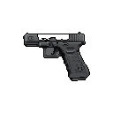 This pixel art depicts a detailed, Glock-style handgun floating in stark isolation. The weapon is rendered in grayscale with a cocked hammer and retracted slide, suggesting readiness.