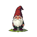 A charming pixel art gnome with a bushy white beard and red hat stands on a small patch of grass. The stout figure, complete with spectacles and a green tunic, evokes a whimsical and nostalgic feel.