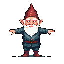 A pixel art gnome with a classic look strikes a comical T-pose, its reddish-brown hat and long beard contrasting with its dark blue jacket. The image focuses solely on the gnome, rendered in muted, earthy tones.