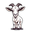 A pixelated white goat stares intently from the void, its simple design and direct gaze creating a quirky and captivating image. Rendered in muted whites and grays, the goat stands poised, the sole focus against the stark black background.
