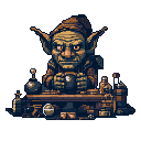 A large-eared, goblin-like alchemist or shopkeeper with an intense gaze sits behind a cluttered counter, intently observing a mysterious orb. The pixel art's muted, earthy tones and dark background create a mysterious and slightly ominous atmosphere.